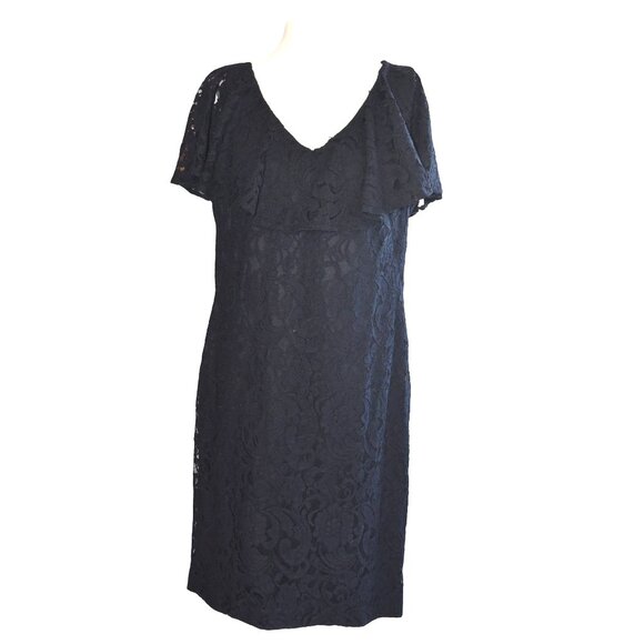 Lauren Ralph Lauren Black Lace Midi Dress 18 V-Neck Flutter Sleeve - Picture 2 of 8